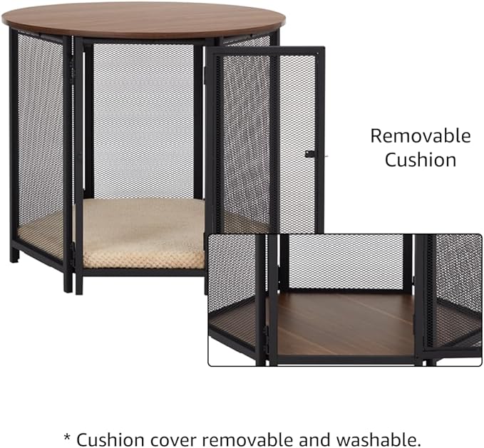 beeNbkks Hexagon Dog Crate Furniture for Small Dogs with Removable Cushion, Walnut Finish Pet Furniture, Stylish Functional Dog Crate End Table, Removable Washable Cushion Cover, Ideal for Home Décor