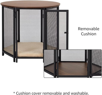 beeNbkks Hexagon Dog Crate Furniture for Small Dogs with Removable Cushion, Walnut Finish Pet Furniture, Stylish Functional Dog Crate End Table, Removable Washable Cushion Cover, Ideal for Home Décor