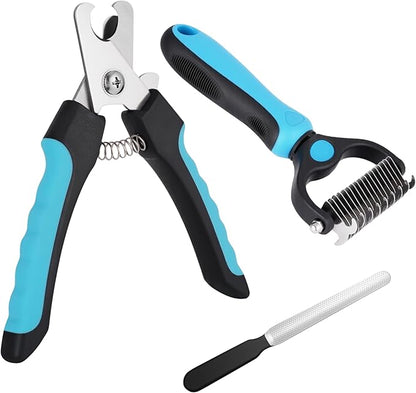 All-in-One Pet Grooming Kit: Nail Clippers with Safety Guard, Nail File & Dematting Comb, Comfortable for Pets & Owners