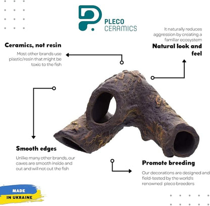 Plecoceramics Aquarium Ceramic Decorations Cave Betta Stone Decor - Aquarium Fish Tank Hideway Decor for breeding Cichlids Plecos Betta Toys Hideout (Snag)