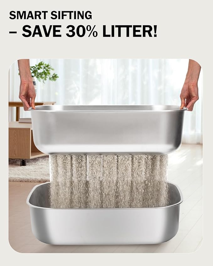 Stainless Steel Sifting Litter Box with Lid, Metal Litter Pan with Scoop for Big Cats Multi Cat, Extra Large Cats Litterbox Odor Control Easy Clean (22.8*16.5*11.8inch-With Enclosure & Step, X-Large)