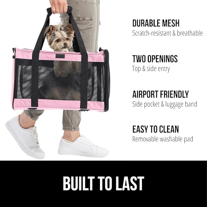 GORILLA GRIP Cat Carrier Travel Bag Up to 15 Lbs, Soft Collapsible Small Dog Carriers, Top and Side Entry Breathable Mesh, Grip Feet on Underside, Cozy Washable Waterproof Pad, Portable Kennel, Pink