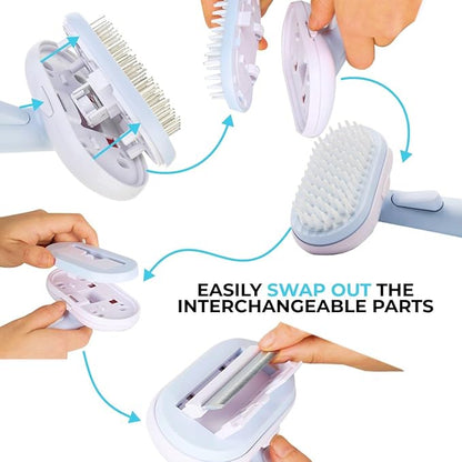 Professional 5 in 1 pet grooming kit, interchangeable bath & massage pet brush, dematting & deshedding comb for dogs, bristle dog brush and pin brush, dog and cat grooming supplies