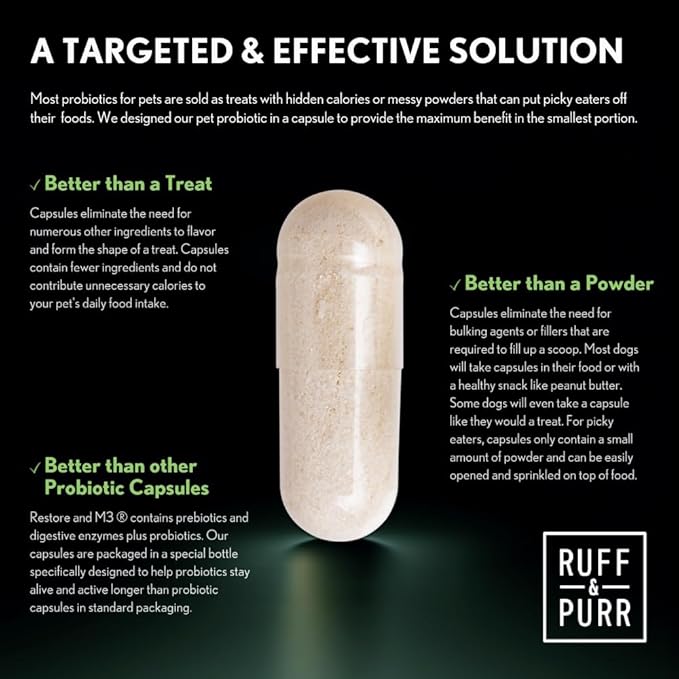 Ruff & Purr Probiotics for Dogs  3-in-1 Probiotics, Prebiotics and Digestive Enzymes for Gut Health, Immune Support, Healthy Skin and Coat  Clinically Studied DE111 & PreforPro