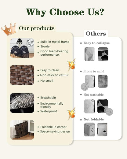 Cat Beds Indoor Kitten House, Handwoven Rattan Cat Cave Pet Cube, Large Cat Houses, One Bed Mat, Foldable, Hideaway, 16.5x16.5x13.2 Inches, 2 S-Shaped Hooks in Living Room Bedroom Brown