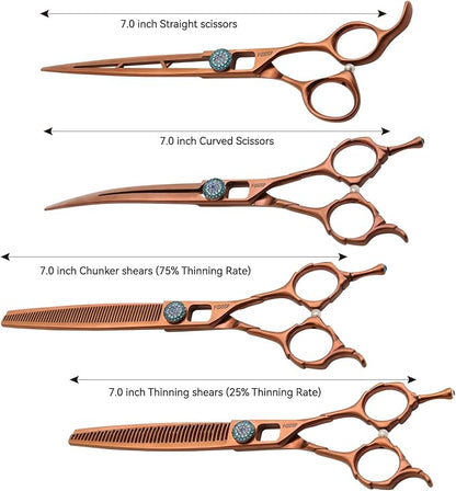 7'' Dog Grooming Scissors Set 4PCS Curved Thinning Straight Chunkers Shears Kit with Hollow Out Design Ergonomic Offset Handle High Cobalt Alloy Steel Sharp and Durable(7, Chocolate Kit)
