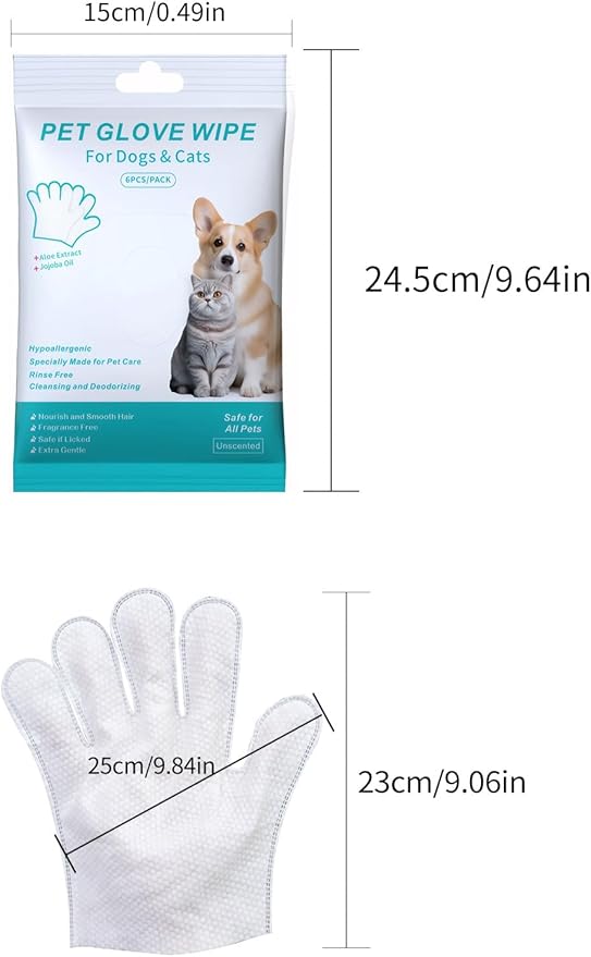 Pet Glove Wipe for Dogs & Cats, Hypoallergenic, Rinse Free, Cleansing and Deodorizing, Cat & Dog Wipes for Paws and Butt, 6 PCS/Pack (2Pack)