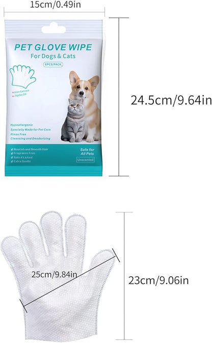 Pet Glove Wipe for Dogs & Cats, Hypoallergenic, Rinse Free, Cleansing and Deodorizing, Cat & Dog Wipes for Paws and Butt, 6 PCS/Pack (2Pack)