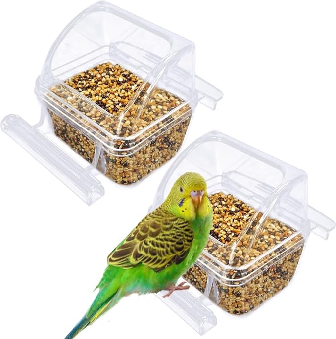 2 Pack Bird Feeders for Cage, No Mess Clear Hanging Parrot Food Bowl, Plastic Slot Food & Water Dispenser Bowl Set, Bird Cage Accessories for Hamsters,Pigeons,Parrot