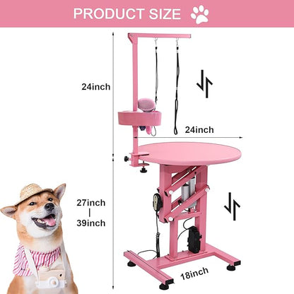 24" Electric Dog Grooming Table, Fast Lift Heavy Duty 360° Rotating Pet Grooming Desk for Small Dogs with Anti Skid Tabletop, Remote, Grooming Set, Tool Organizer, Pink