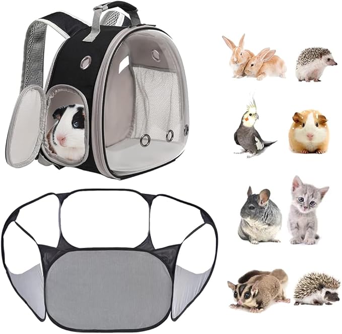 2-Pack Guinea Pig Carrier Backpack and Playpen Set - Breathable Pet Playpen Pop Open Outdoor/Indoor Exercise Fence, Portable Small Animal Backpack for Bearded Dragon, Rabbits, Hamster, Chinchillas
