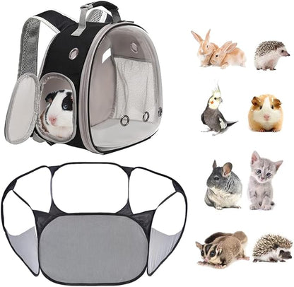 2-Pack Guinea Pig Carrier Backpack and Playpen Set - Breathable Pet Playpen Pop Open Outdoor/Indoor Exercise Fence, Portable Small Animal Backpack for Bearded Dragon, Rabbits, Hamster, Chinchillas