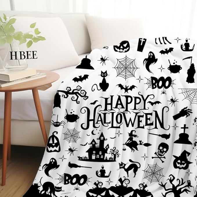 Halloween Blanket Cat Bedding Soft Warmth Flannel Throw Blankets Ghost Bat Pumpkin Blanket Gifts for Sofa Bed Couch Chair All Seasons 50"x40"