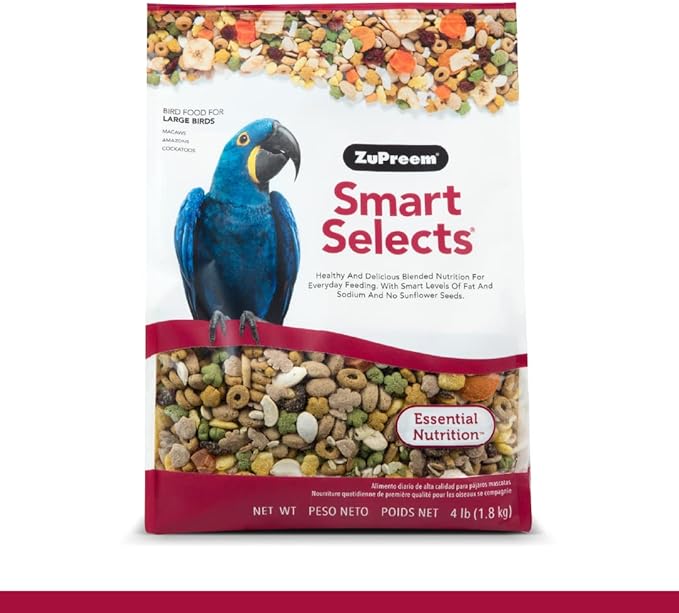 ZuPreem Smart Selects Bird Food, Daily Nutrition for Amazons, Cockatoos, and Macaws, Bird Feed Pellets and Seed Blend, Cockatoo Food, Macaw Diet, Made in USA, (Large, 4 lb bag)