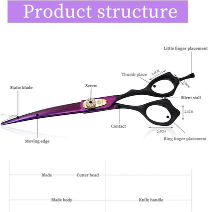 Dream Reach 7.0 inches Professional Decompressed Elastic Handle Pet Grooming Scissors Set,Straight & Chunker & 2 Curved scissors 4pcs set for Dog grooming (Purple) (Down-curved Scissor)