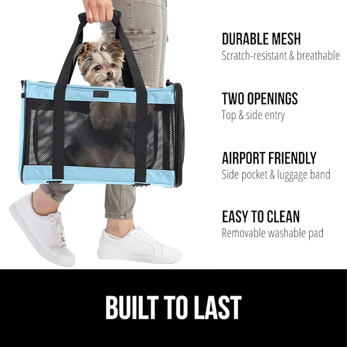 GORILLA GRIP Cat Carrier Travel Bag Up to 15 Lbs, Soft Collapsible Small Dog Carriers, Top and Side Entry Breathable Mesh, Grip Feet on Underside, Cozy Washable Waterproof Pad, Portable Kennel, Blue