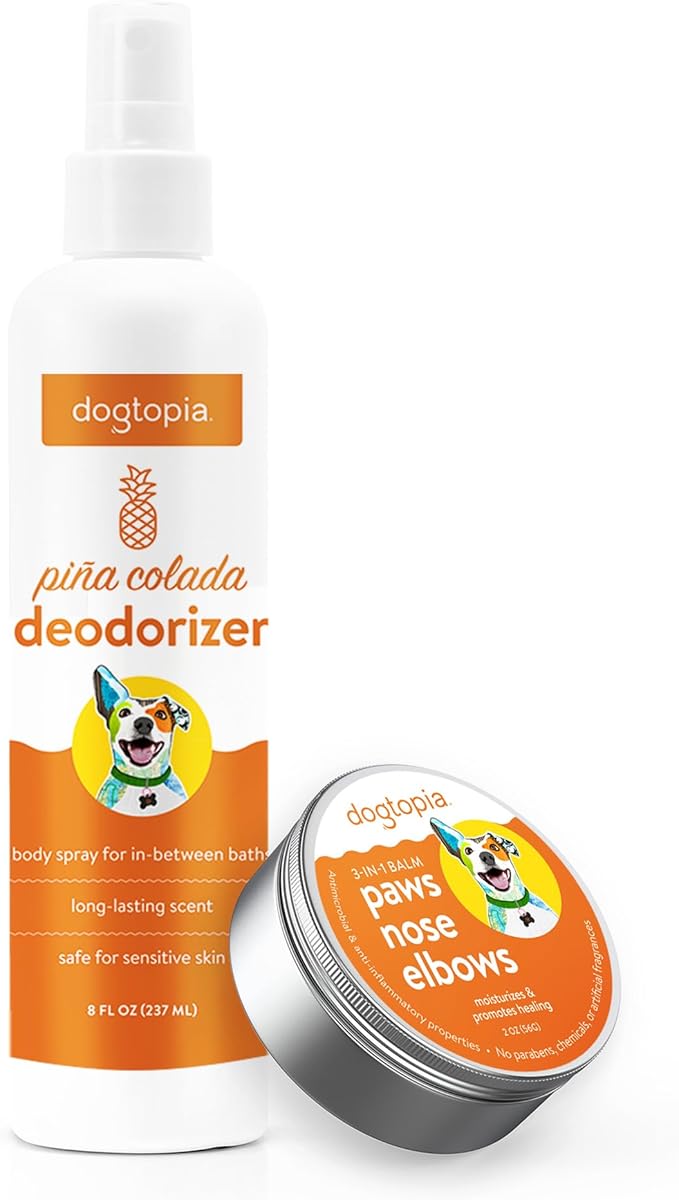 3-in-1 Paw Balm & Deodorizer Spray - Between Baths Bundle for Pets | Moisturizing Balm for Cracked Skin (2oz) & Long-Lasting Piña Colada Odor Eliminator (8oz) for Dogs & Cats
