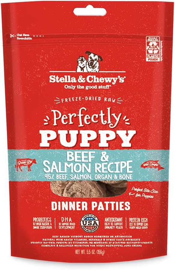 Stella & Chewy's Freeze Dried Raw Dinner Patties  Crafted for Puppies  Grain Free, Protein Rich Perfectly Puppy Beef & Salmon Recipe  5.5 oz Bag, Pack of 1