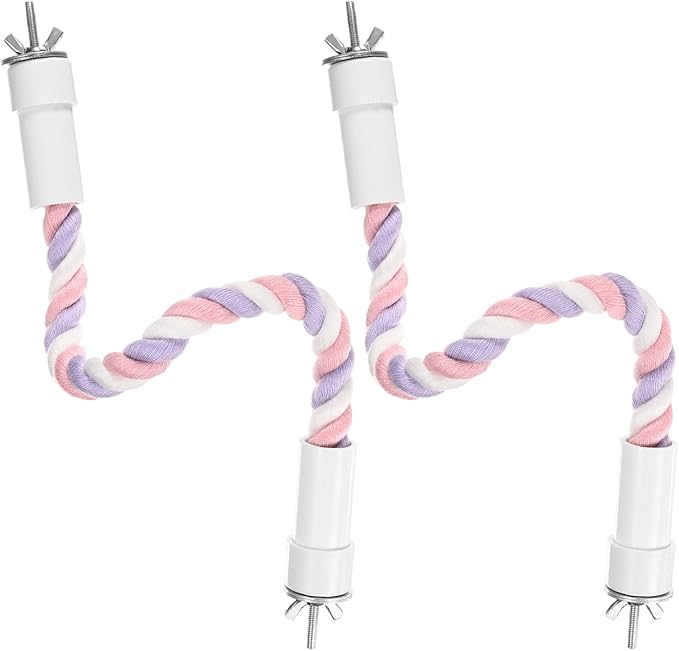 2-Pack Rope Perches for Bird Cages, 13.8 in Length Comfort Grip Flexible Rope Perch Beak & Paw Grinding for Parrots/Cockatiels/Parakeets, Bird Platform Sand [Pink Purple]