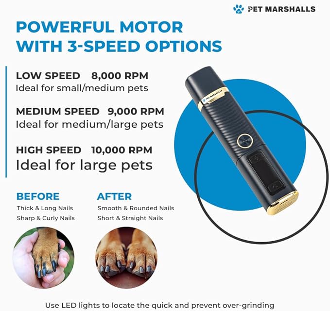 Electric Pet Nail Grinder Kit, 3 Speed Settings, 2000mAh Battery, LED Light, Dogs and Cats