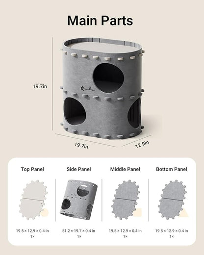 DownyPaws Cat House for Indoor Cats, 2-Storey Foldable Cat Bed Cave, Felt Cats Tunnel Bed Condo, Castle Kitten Cube Hideaway for Multicats, Scratch Resistant, Light Gray