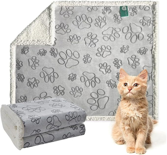 Qeils Dog Blankets for Small Dogs - Waterproof Cat Blanket Washable - Sherpa Fleece Puppy Blanket, Soft Plush Reversible Cat Kitten Blanket for Bed Couch Car Sofa, 25"X30", Grey Paw Print