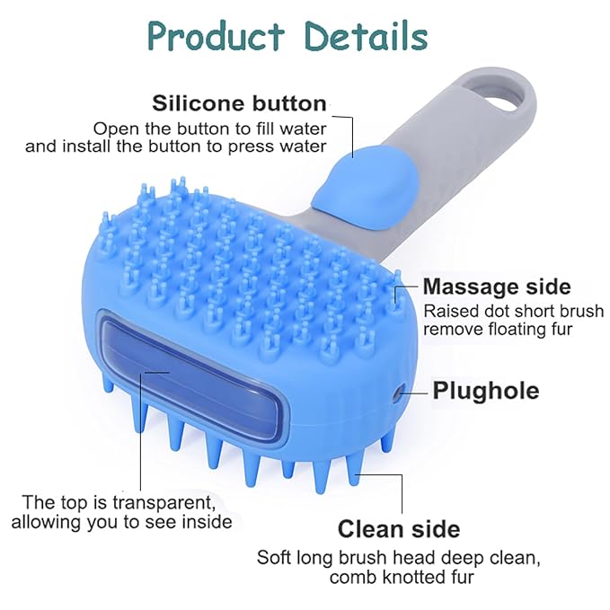2 in1 Silicone Dog Cat Bath Brush, Pet Shampoo Brush Scrubber Massage Dispenser, Soft Silicone Grooming Shower Brush for Short Long Haired Dogs and Cats Washing (Blue)