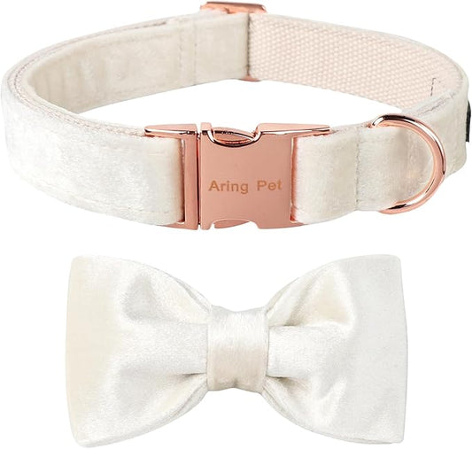 ARING PET Bowtie Dog Collar-Velvet Dog Collars with Detachable Bowtie, White Wedding Soft Dog Collar,X-Large.