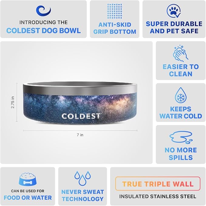 Coldest Dog Bowl - Anti Rust Metal, Non Slip, 3 Layers Insulated Stainless Steel Dog Bowls - Spill Proof & Heavy Duty - Water Bowl for Dogs, Cats & Pets, Dish Washer Safe (42 oz, Into The Beyond)