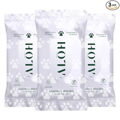 ALŌH Hypoallergenic | All-Natural | Multi-Purpose Pet Wipes. Lavender + Wild Mint 3 Pack of 50ct Wipes (150 Wipes)