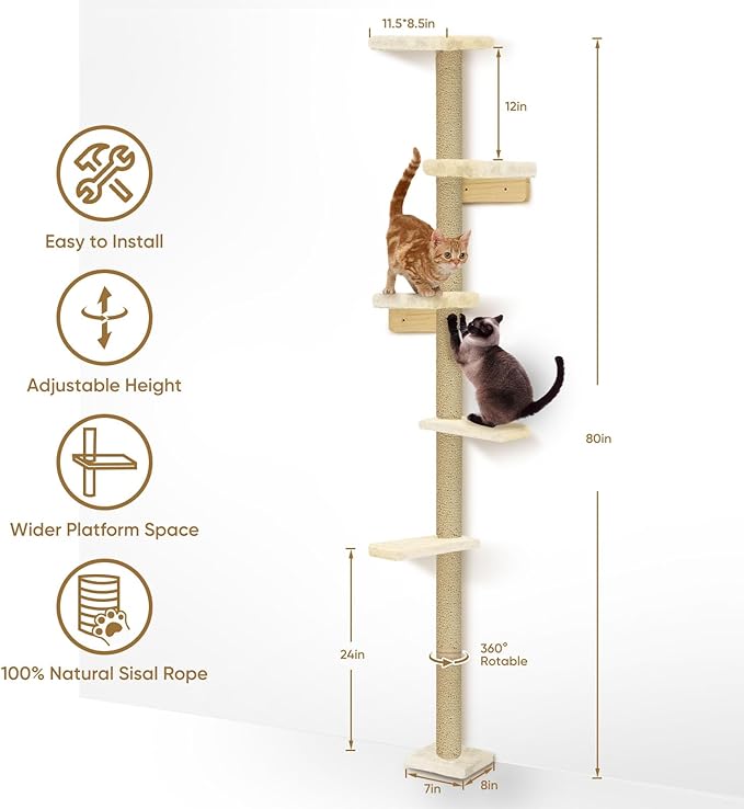 PAWSCRAT Wall-Mounted Cat Tree, 5 Tier Floor to Ceiling Cats Tower, 80 Inch Wall-Mounted Cat Scratching Post, Space Saving Cat Furniture and Easliy Climb for All Cats, Beige