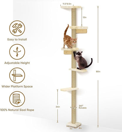 PAWSCRAT Wall-Mounted Cat Tree, 5 Tier Floor to Ceiling Cats Tower, 80 Inch Wall-Mounted Cat Scratching Post, Space Saving Cat Furniture and Easliy Climb for All Cats, Beige