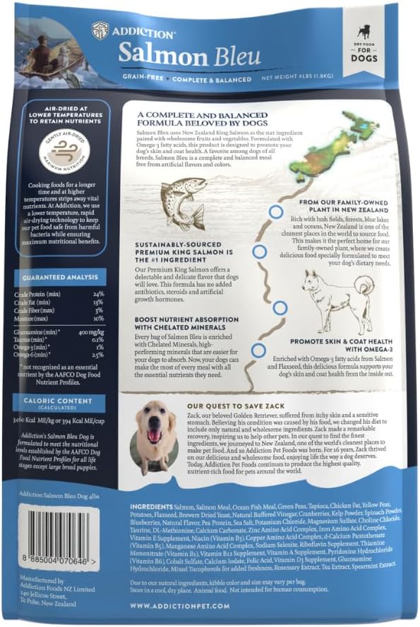 Addiction Salmon Bleu Grain-Free Dry Dog Food Formula - New Zealand King Salmon, Probiotic-Rich Fruits & Vegetables, Fish Oil for Healthy Skin & Coat, Ideal for Dogs of All Life Stages 4lb