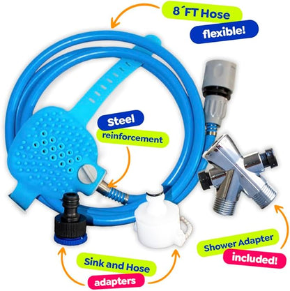 Dog Shower Attachment - Kit Pet Washing - Hose Grooming Brush - Scrubber for Bath - Cats and Dogs Bathing Supplies, Easy Installation, With Water Diverter and Sprayer, Metal Reinforcement