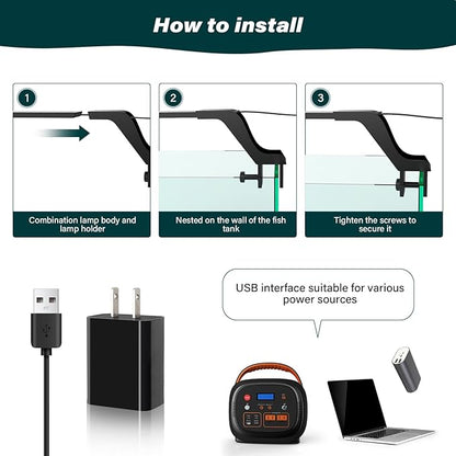 AQQA Aquarium Clip On Light,Fish Tank Full Spectrum LED Light,24/7 Sunrise Sunrise Mode+10 Adjustable Brightness Levels+Detachable Bracket+RGB LEDs + USB and Adapter,for Freshwater (8W)