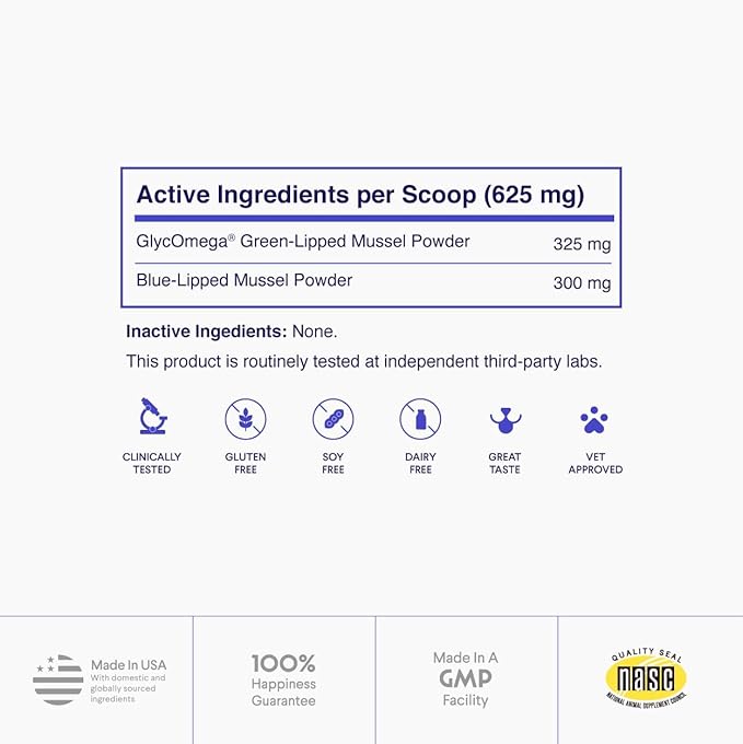 Premium Green Lipped Mussels for Dogs  Pure New Zealand Green Lipped Mussel Powder with Blue Lipped Mussels for Dogs  for Hip and Joint Flexibility, Mobility, Strength, Tendons and Muscles  2.60oz