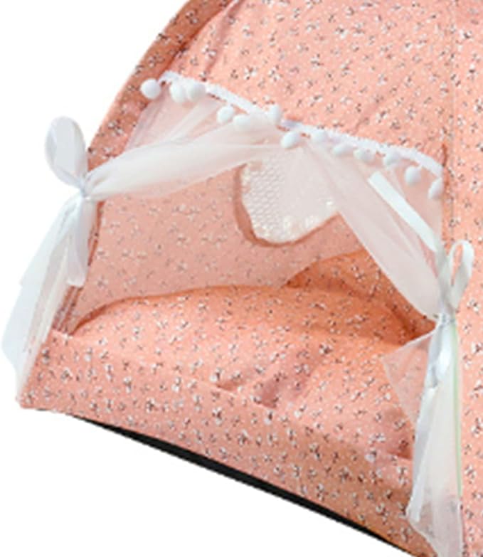 Cute Dog Tent House, Indoor Pet Tent Waterproof Bottom Detachable Cat Princess Indoor Tent House Pet Dog Cute Floral Cave Nest Bed Portable Dog Tents with Mesh Door Window for All Seasons (Pink)