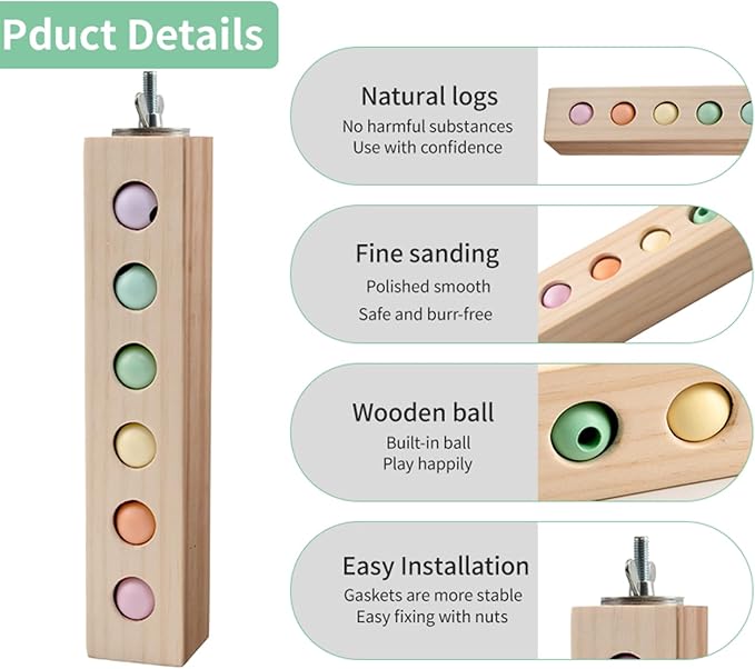Bird Toys & Bird Perch, Bird Wooden Block Chewing Toy Parrot Foraging & Puzzle Toys Bird Cage Accessories for Conures Parakeets Cockatiels Lovebirds African Grey Macaws (Spinning Ball)