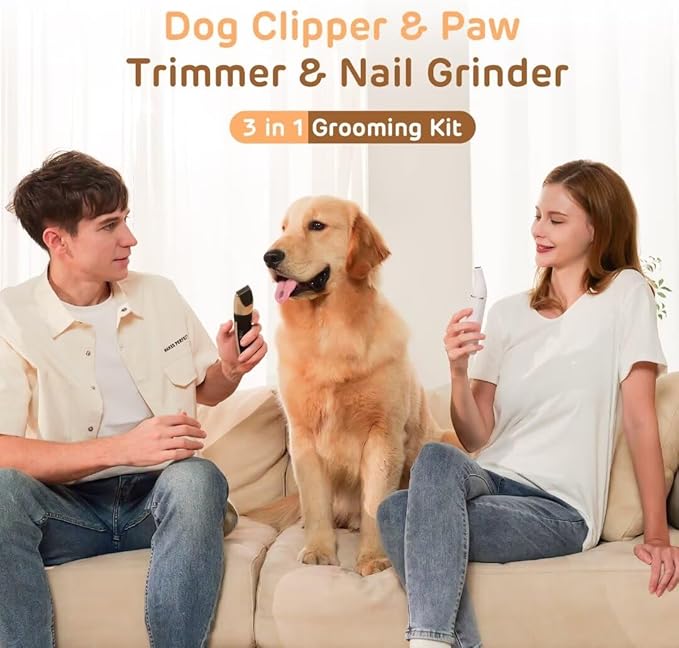 Dog Hair Clippers for Grooming Kit and Dog Paw Trimmer Nail Grinder for Grooming, Low Noise Rechargeable Cordless, Shaver Grooming Supplies for Pet Cats Dogs (Gold, White)