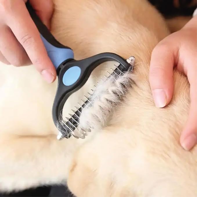 Pet hair remover comb, grooming brush, detangler, hair brush, double-sided blades. Friendly Dog Brush for Shedding & Effective Hair. Shedding Comb and Dematting Tool for Grooming