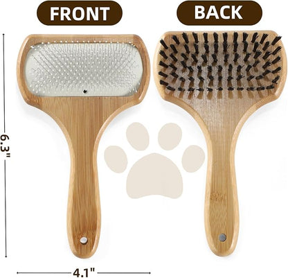 Double Sided Dog Grooming Brush for Long or Short Haired Pets Dog Slicker Brush with Bamboo Handle for Removing Shedding Tangles