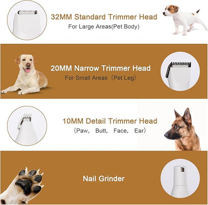 Dog Grooming Kit Hair Clipper, 4 in 1 Pet Dog Clippers for Grooming Hair Shaver with Nail Grinder Dog Paw Trimmer, Cordless Quiet Electric Trimmer for Dogs Cats Pets