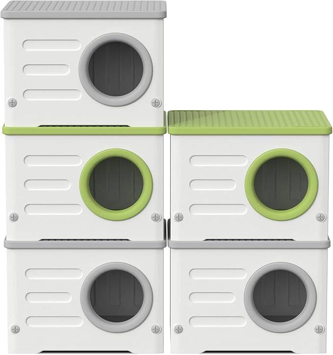 Plastic Cave-Style Cat House for Outdoor Indoor Use, Weatherproof&Insulated Feral Shelter Elevated Stackable Waterproof Cat House with Bed Cushion(Green)