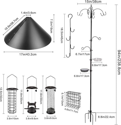 Deluxe Bird Feeding Station Kit Bird Feeder Pole with Squirrel Baffle, Suet Cage, Bath Tray for Planter Hanger - Wildlife-Friendly Design
