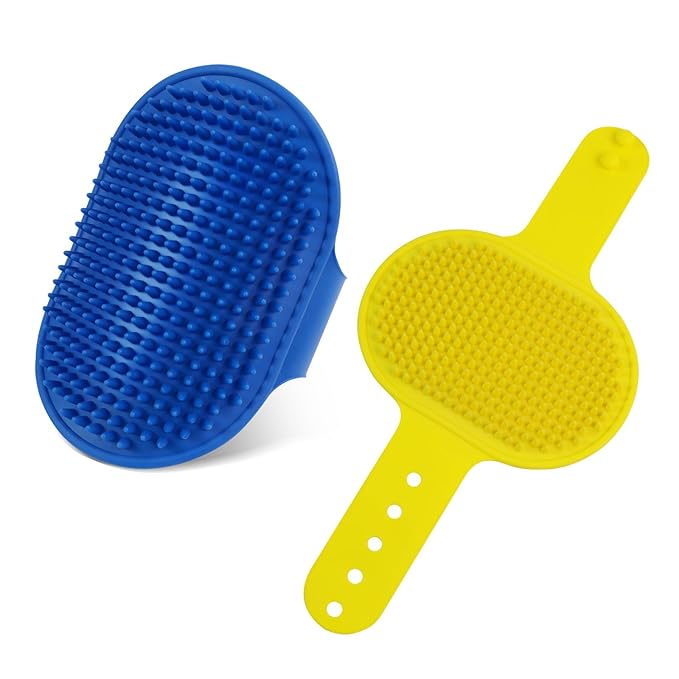 Dog Bath Brush with Grooming Supplies: Dog Brush for Short Haired and Long Haired Dogs, Silicone Brush with Ring Handle, Grooming Tools for Equigroomers, Breeders, and Dog Owners(Blue and Yellow)