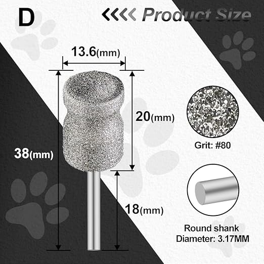 Diamond Dog Nail Grinder Bits - FOCSTOL Diamond Rotory Bit for Dogs&Pets, 5pcs 1/8'' Rotary Nail Grinder Bits for Animals Nail Care (Type D)