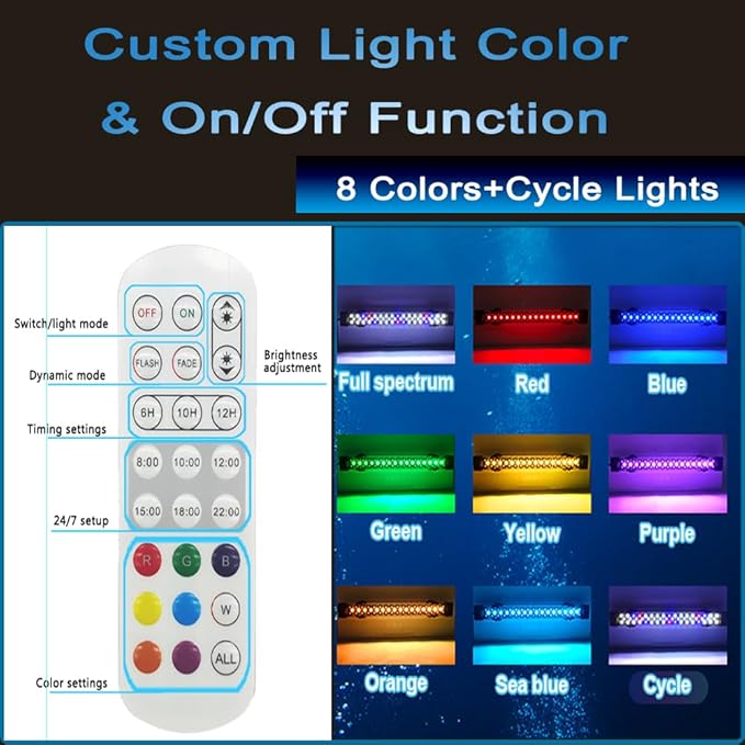 Submersible Aquarium Lights for Fish Tank,24/7 Cycle Fish Tank Light with Timer,Adjustable Brightness,8 Colors,Underwater Full Spectrum LED Aquarium Decor Plant Light,7.8'' for 10gallon Fish