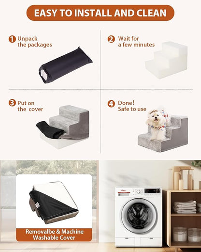 Dog Stairs for Small Dogs,13" H,3-Step Dog Steps for High Bed,Couch,Pet Stairs for Dogs and Cats Climbing with Non-Slip Bottom and Washable Cover,Light Grey