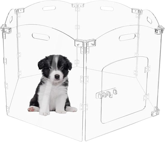 Acrylic Dog Gate for The House 6 Panel 120" W x 24" H Foldable Dog Playpen Indoor with Handles, Free-Standing Pet Gates Clear Dog Pen for Dogs Puppy Cat Rabbit Accessories with Door