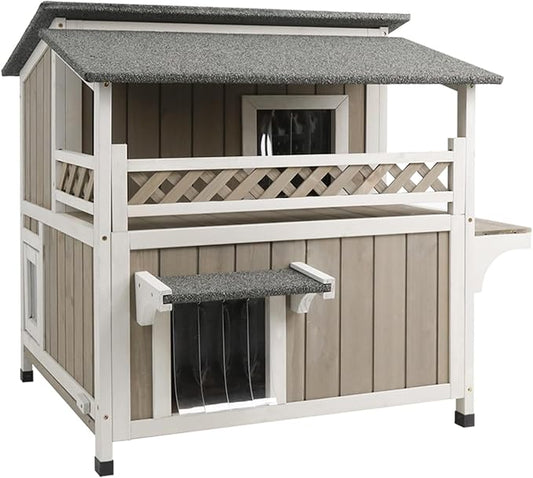 2-Story Outdoor Large Cat House with Patio, Weatherproof Wooden Feral Shelter for Indoor & Outdoor, Openable Roof, Escape Safe Doors, 2 PVC Door Strip, 2 Platforms